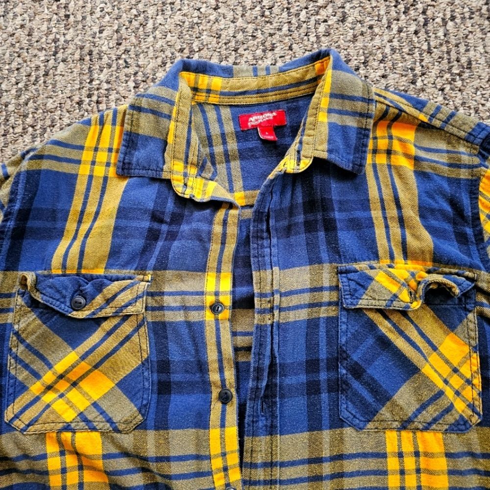 Arizona Jean Co. Blue & Gold Plaid Flannel Long Sleeve Button-Up Pockets Sz. L - Picture 2 of 8
